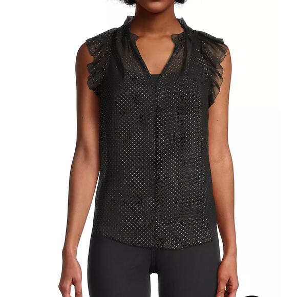 Michael Kors The Dewdrop Chiffon Sleeveless Top Ruffle Neck Black/Gold PL NWT - Picture 1 of 10
